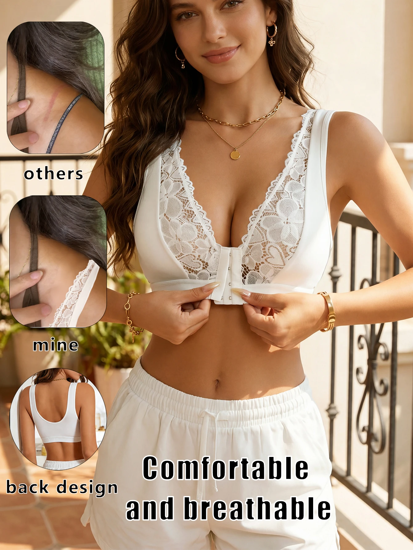 Lace Bras Top For Women Front Button Sexy Push Up Bra Hollow Out Seamless Tops Wireless Comfortable Vest Top Bralette Solid