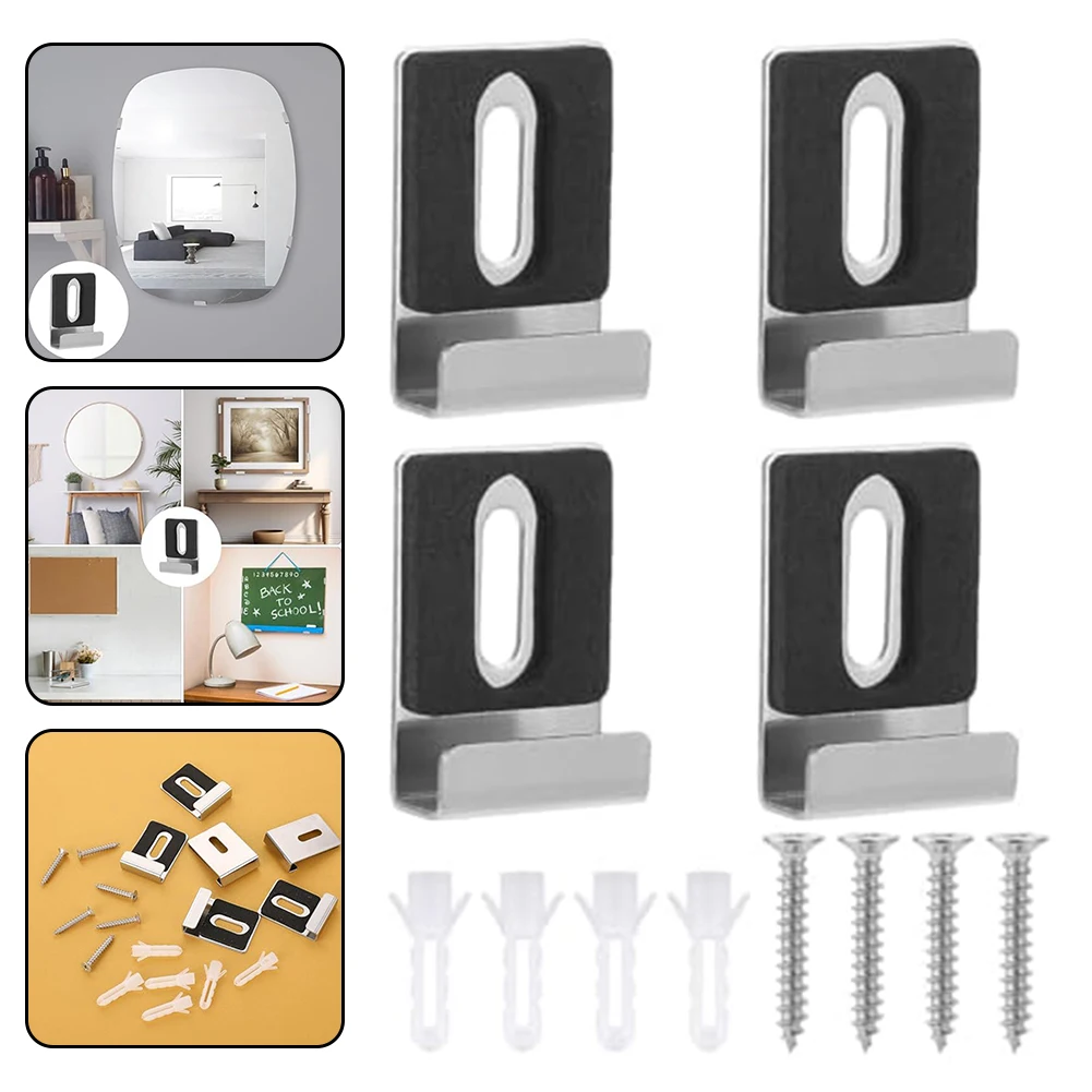 4 Sets Stainless Steel Mirror Holders Wall Mount Mirror Clips Mirror Bracket Clips With Screws Mirror Hooks Mirror Hanging