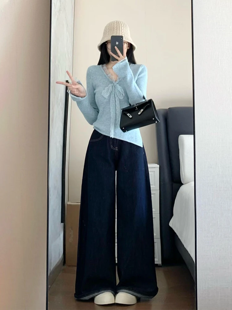 

Korean Style plus Size Fashion Set with Lace Splicing Knitted Top And Jeans High Waist Long Pants V Neck Sleeveless ...