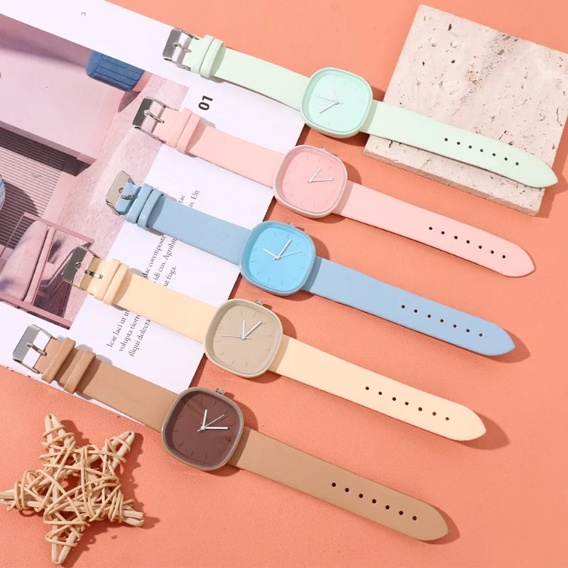 New Macaron Square Quartz Wristwatches Women Quartz Watch Casual Simple Design Sense Japanese Wristwatch Design Life Waterproof