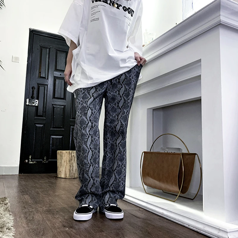 

Daqi Bicolor Snake Pattern Straight Leg Pants Loose Elastic Waist Casual Trendy Streetwear Workwear Trousers for Girls