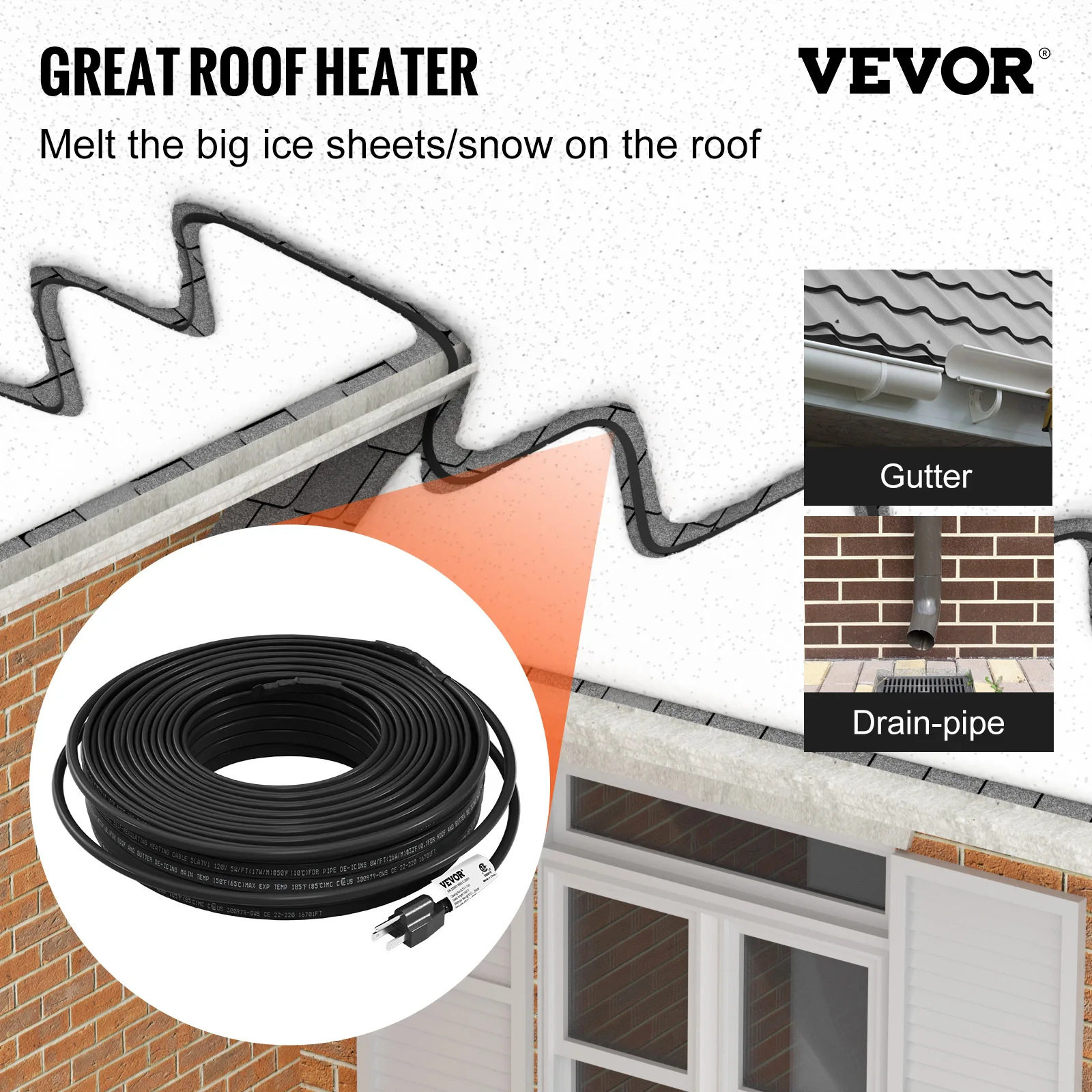 VEVOR Pipe Heating Cable Self-Regulating 140-feet Heat Tape for Pipes Roof Snow Melting De-icing Gutter Pipe Freeze Protection