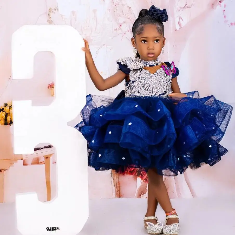 Royal Blue Girls Birthday Party Dresses Princess Beaded Knee Length Flower Girl Dresses High Neck Kids Ball Gowns for Photoshoot