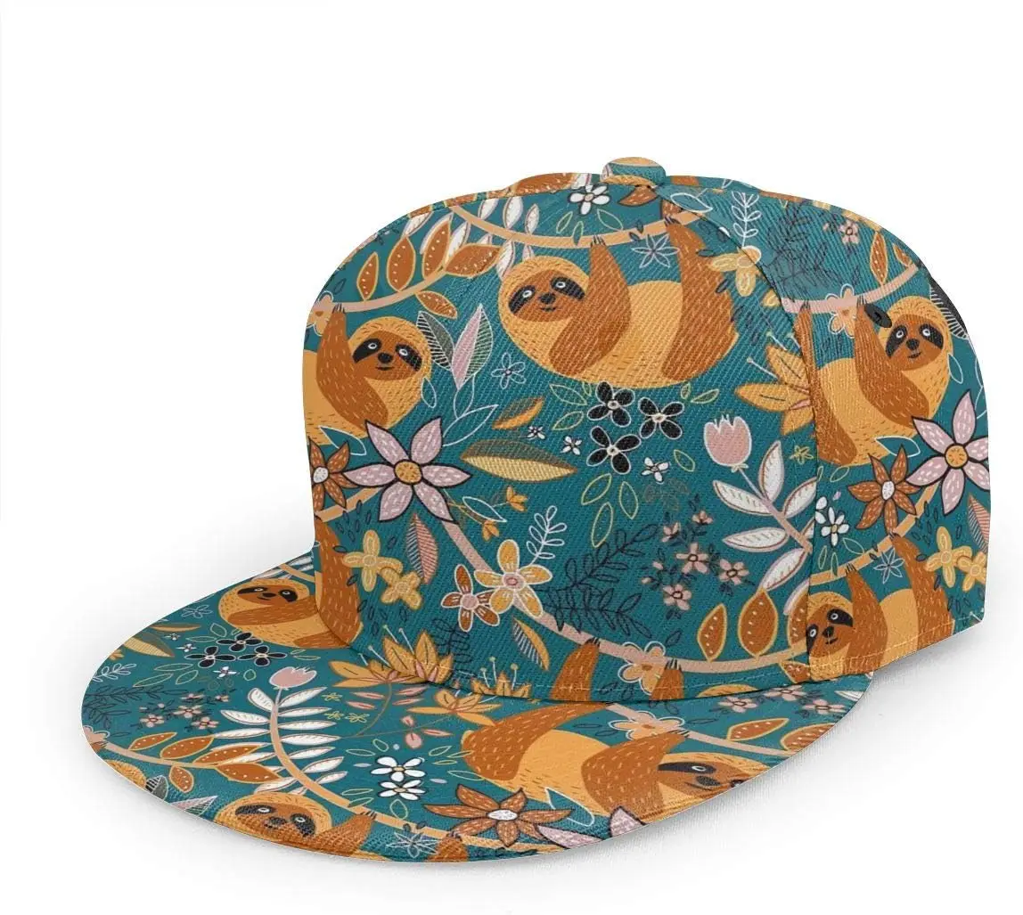 Happy Boho Sloth Floral Flat Bill Snapback Hat - Hip Hop Baseball Cap