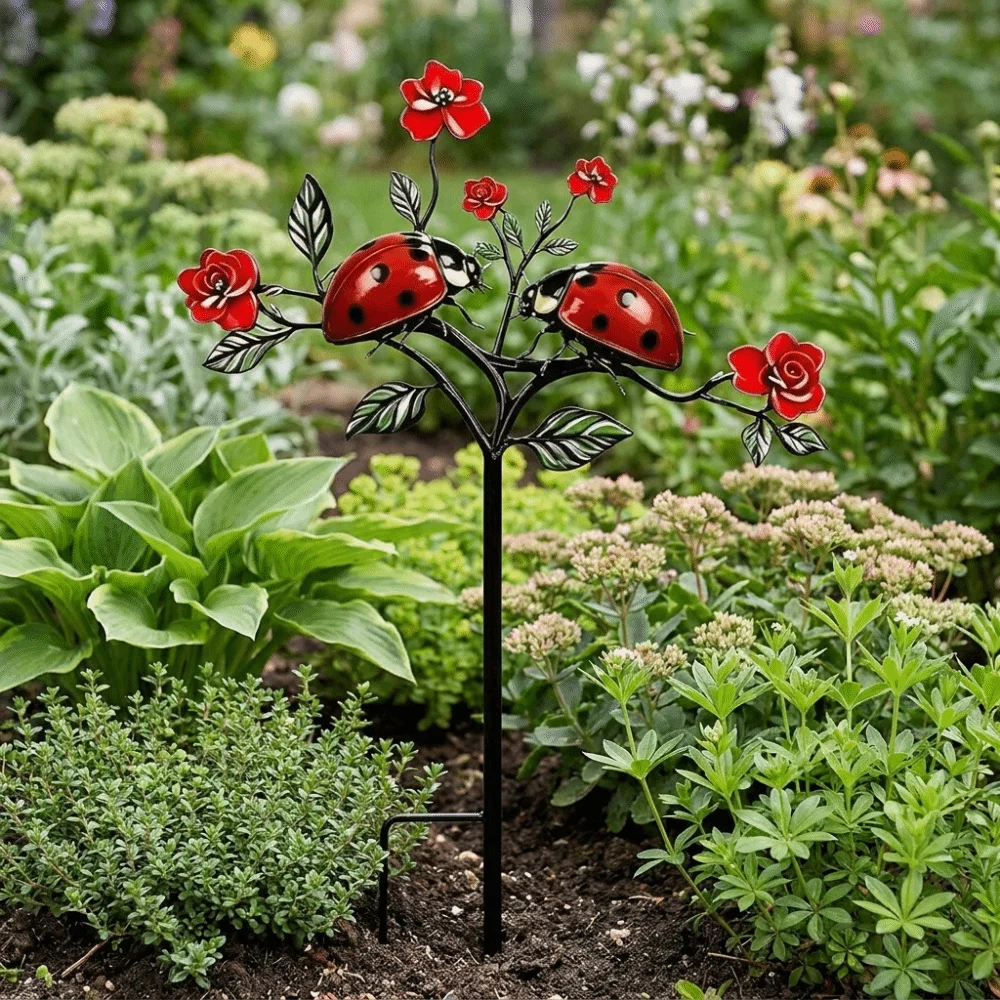 2D Flat Red Bird Garden Stake Handmade Animals Pattern Metal Garden Stake Funny Iron Flower Branch Ground Plug Lawn Ornament