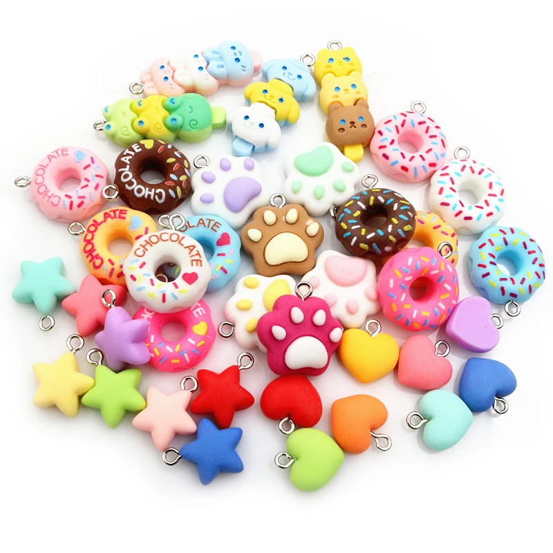 10Pcs Random Colors Mixed Star Heart Cake Charms Resin Glitter Cute Necklace Keychain Pendant DIY Making Accessories