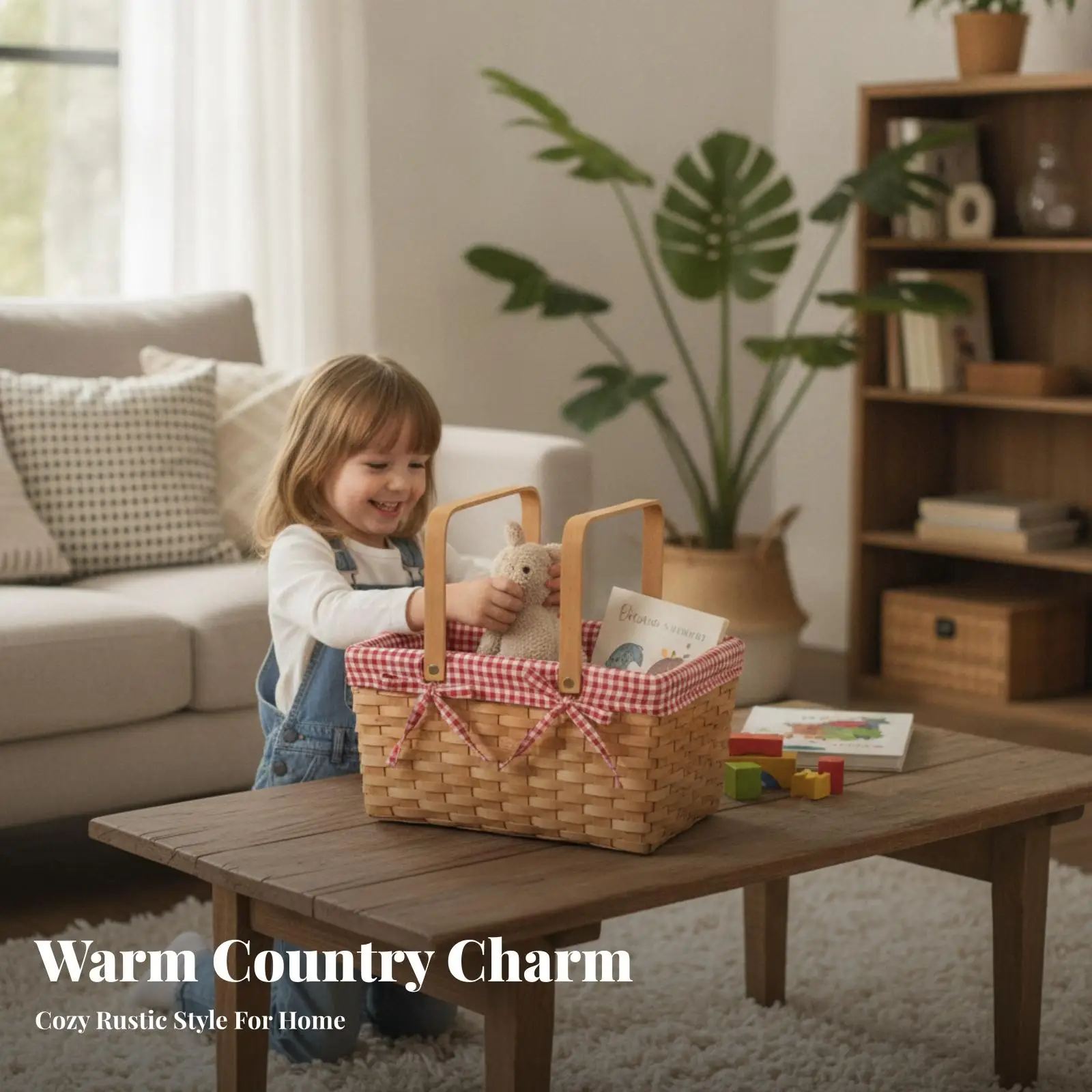 Woven Storage Basket with Cotton Liner Arch Wood Handles for Living Room Shelf Entryway Decorative