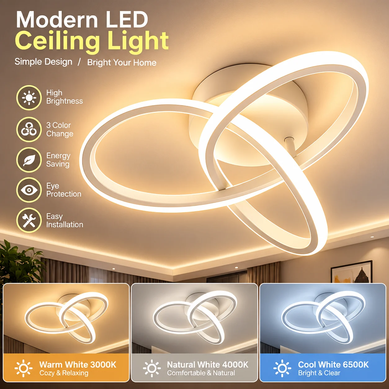 Hzralicth Nodic Style LED Aisle Ceiling Lights Surface Mounted 3-Color Lighting for Bedroom Living Room Corridor Home