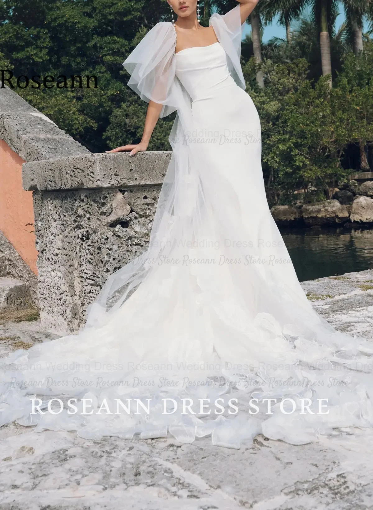 Roseann Wedding Dresses Strapless Mermaid vestido de novia Detachable Puff Tulle Sleeves 3D Floral Train Bridal Gown Customized