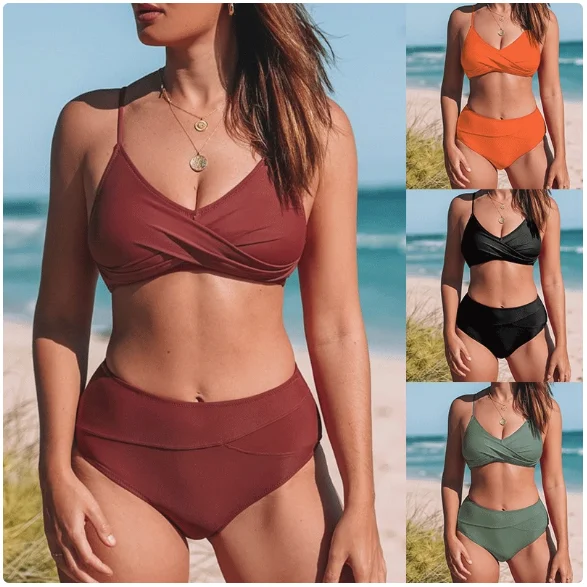 2026年トレンドのシンプルでセクシーなクロスデザイン、ソフトパッド入り、スプリットタイプの女性用ビキニ水着