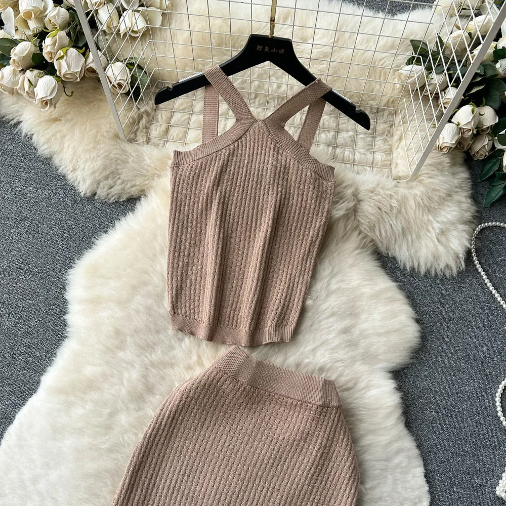 Shining blingbling Summer Women Knit Two Piece Sets Sexy Spaghetti Strap Short Crop Top+ Elastic Long SKirt Solid Women Suits