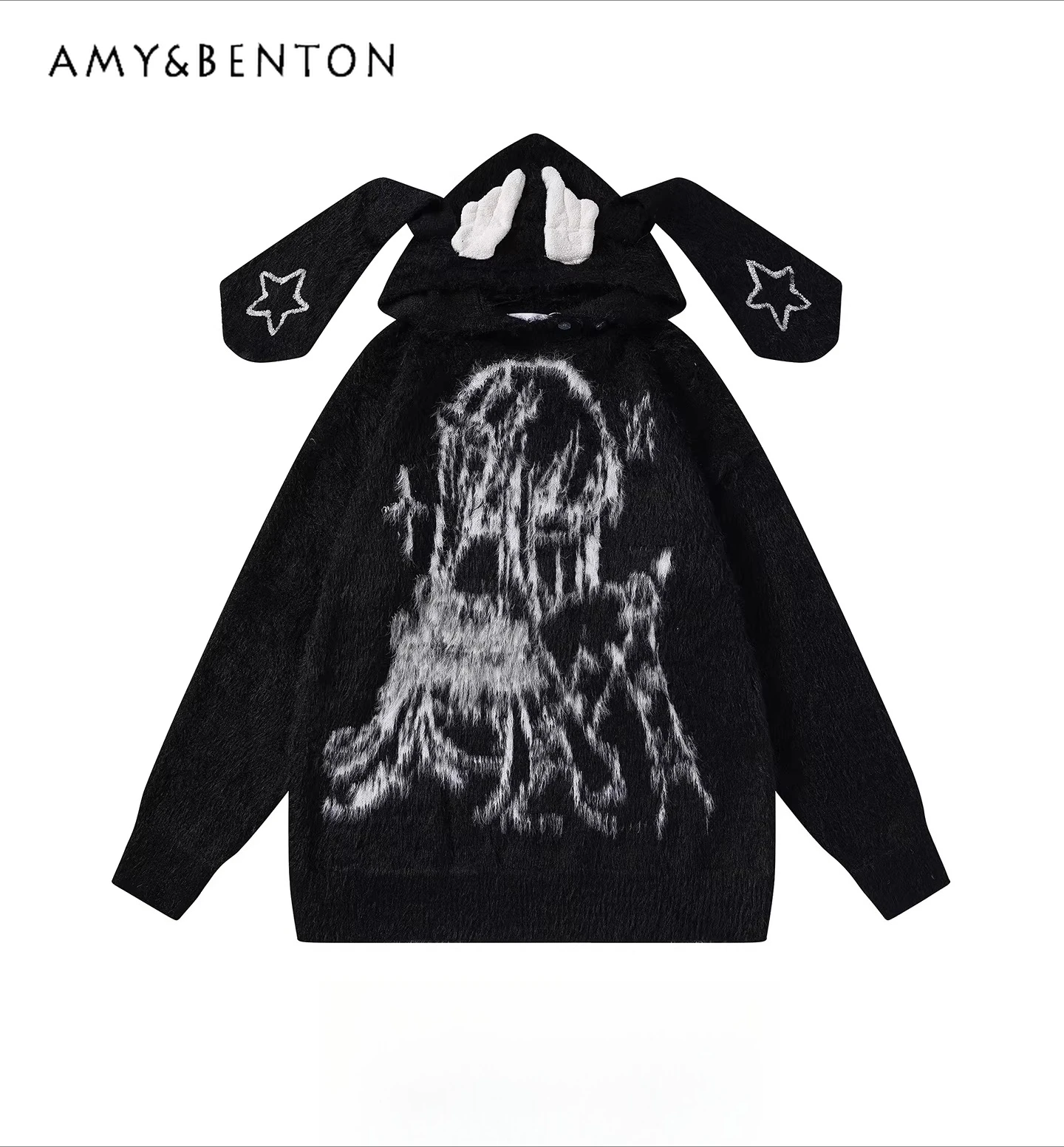 

Осень-зима, новый японский стиль, мультяшный аниме, белая толстовка с кроличьими ушками, женский свободный повседневный черный, синий вязаный свитер