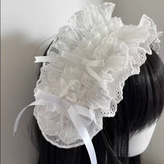 White Baroque Goth Angel Headband Halloween Subculture Hair Bands for Women Sweet Bow Lace Lolita Girl Hair Accessories