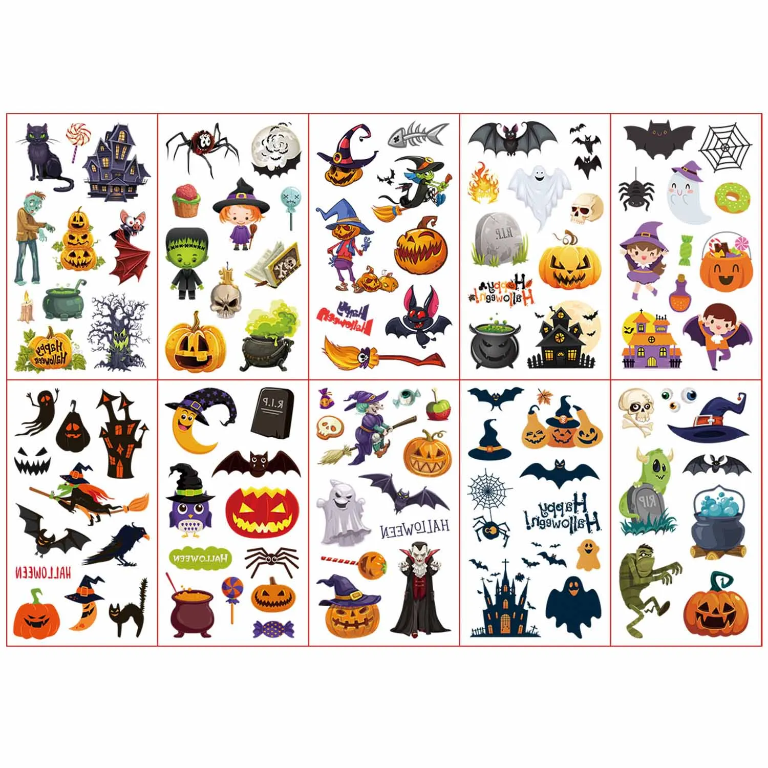 Festive Halloween Temporary Tattoos Stickers: 10 Sheets with 98 Spooky Designs Featuring Pumpkins, Bats, Witches, Ghosts