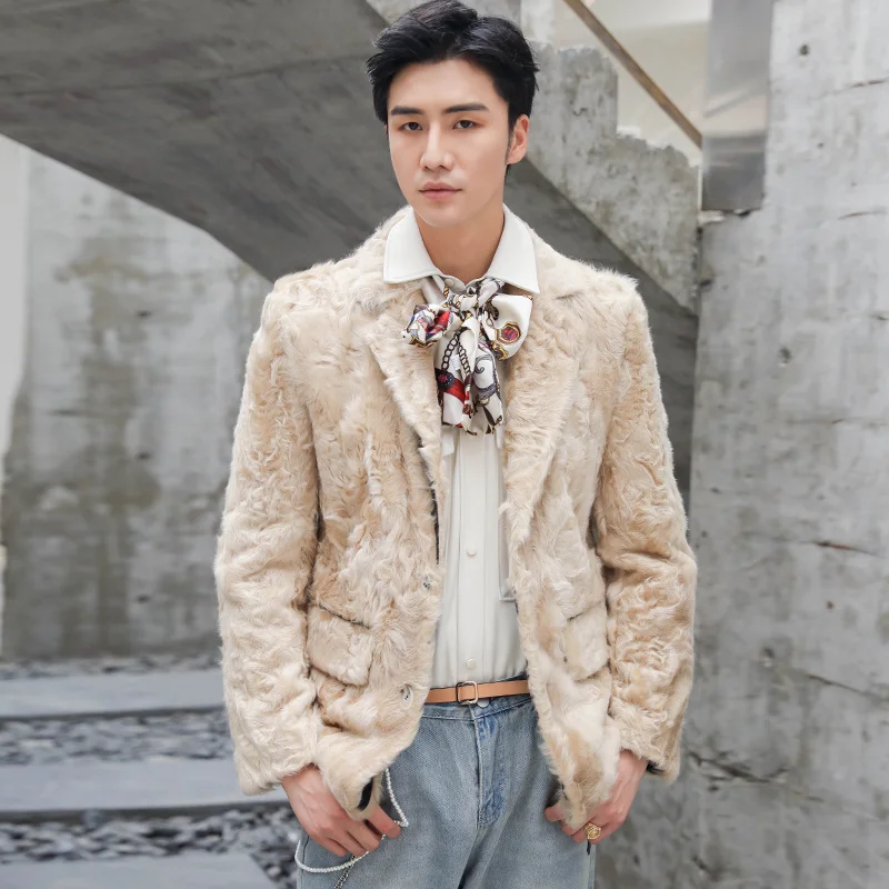 Mens Shearling Coat Business Casual Wool Jacket New Genuine Sheep Skin Overcoat Fur Suit Collar Leather Blazer Man Clothing