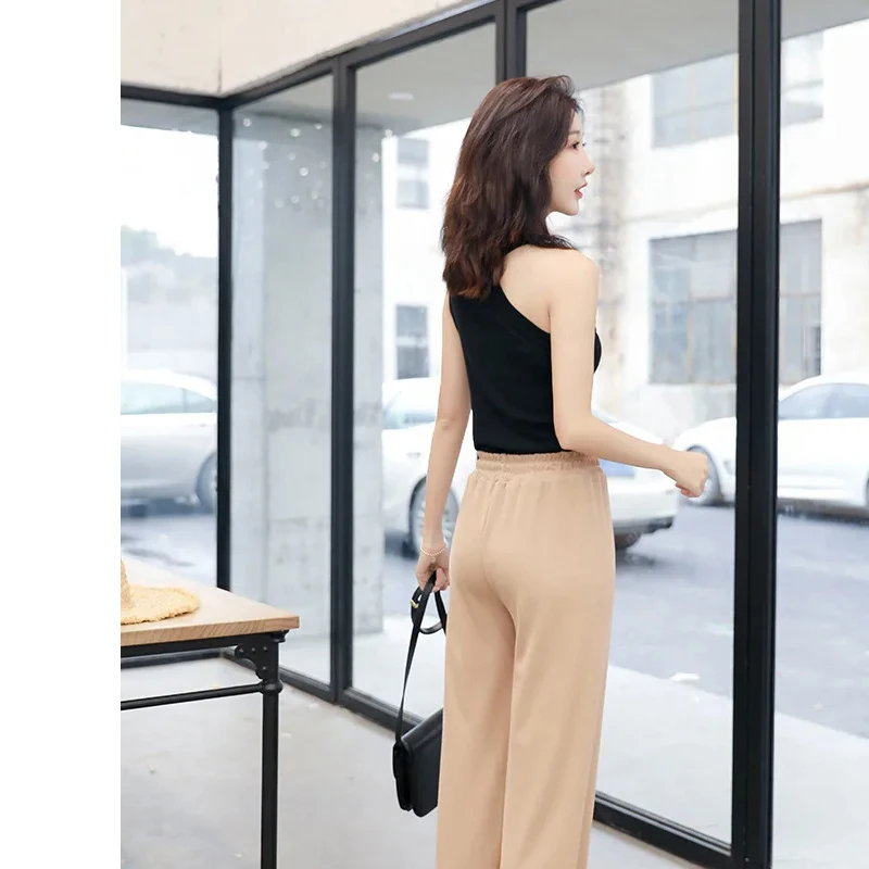 Women Wide Leg Long Pants Casual Solid Elastic Waist loose Ankle-Length Ice silk Pants Spring Summer female trousers