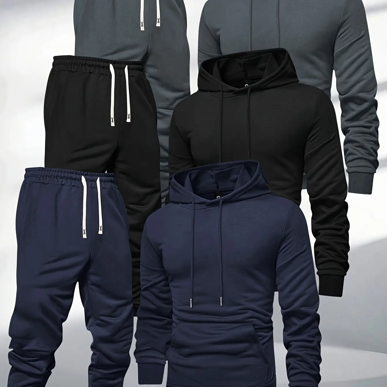 Herren 3-Teiliges Trainingsanzug-Set Einfarbiger Pullover-Hoodie Sweatshirt Jogginghose Frühling Herbst Lässige Sportbekleidung Locker Sitzendes Alltags-Outfit für Männer – Detail 10