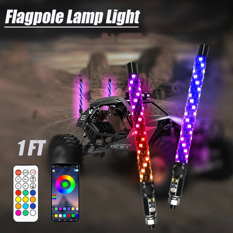 UTV ATV 2pcs 1ft Bluetooth Whip Lights for SXS IP67 Waterproof Turn Signal & Brake Light Compatible with Polaris RZR for Can-Am