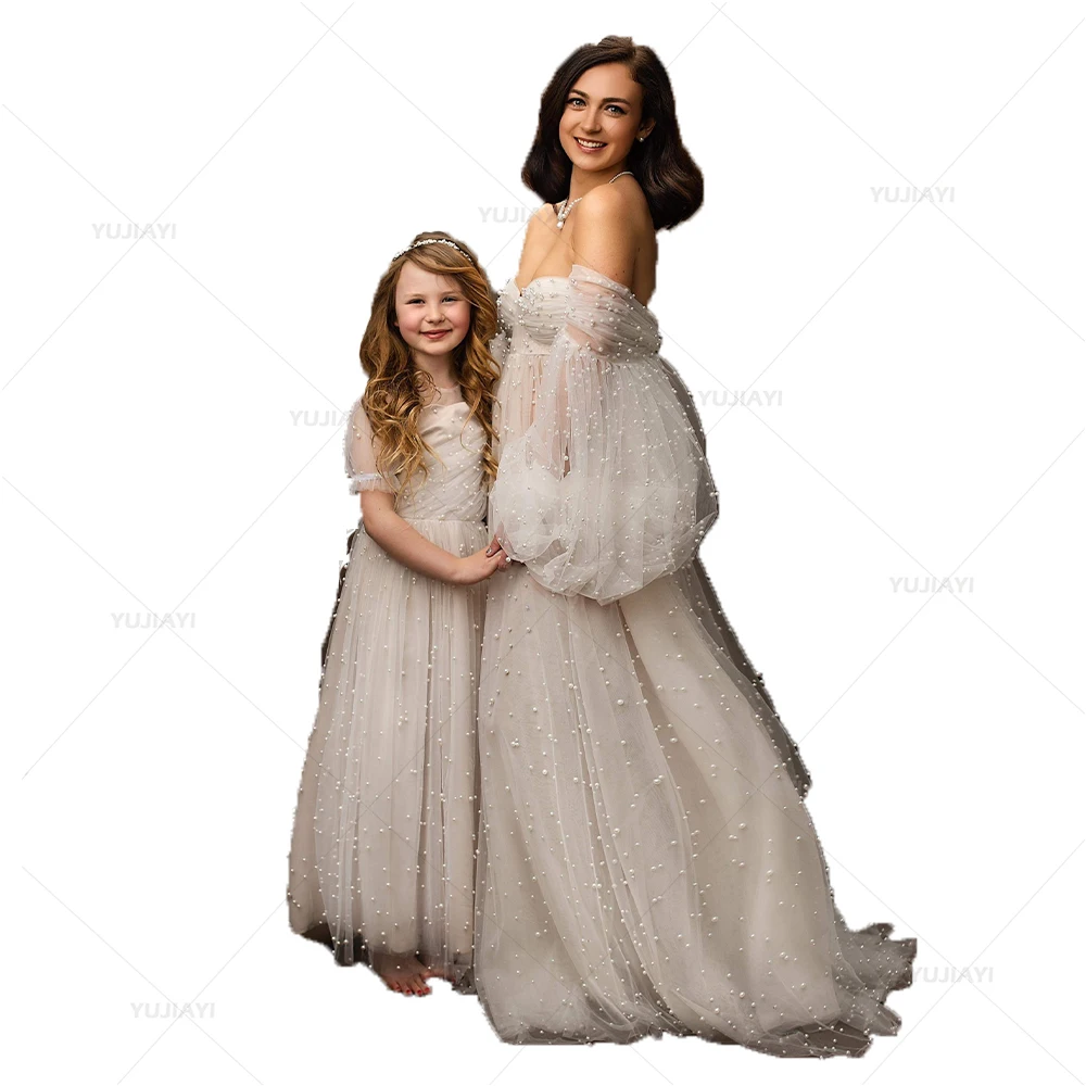 Mother and Kids Tulle Pearl Dress Off Shoulder women Long Dress Mommy and Me Birthday Party Prom Gowns for Photo Shoot