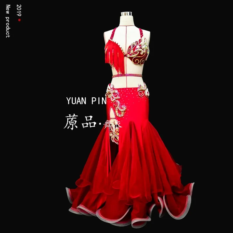 Customized Belly Dancewear Rhinestone Accessories Group Stage Suit Performance Costume Belly Dancing Bra Tassel Split Skirt Set