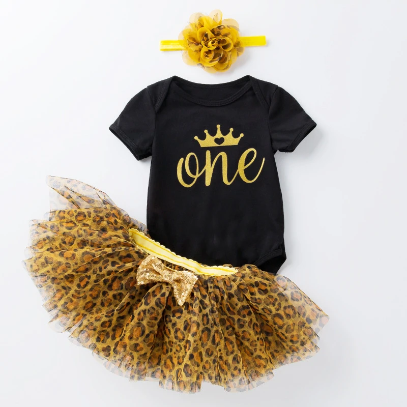 First Birthday Clothes Baby Girl Leopard Dress Birthday Bodysuit Headband Infant Girl Party Outfit One Year Summer Clothes Photo