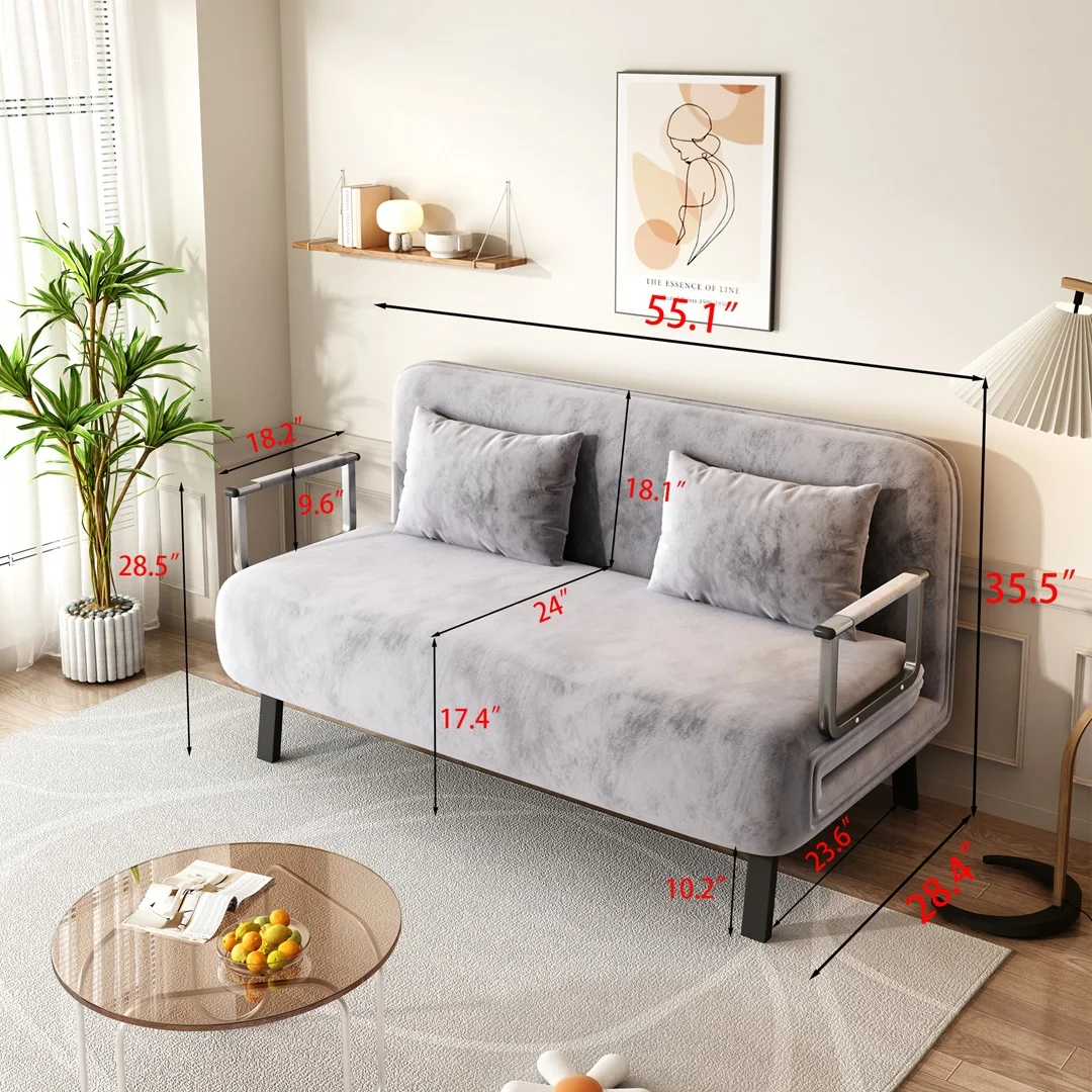 velvet light gray  Convertible Chair Bed Tri-Fold Sofa Bed with Adjustable Backrest & Pillow Leisure Chaise Lounge Couch with St