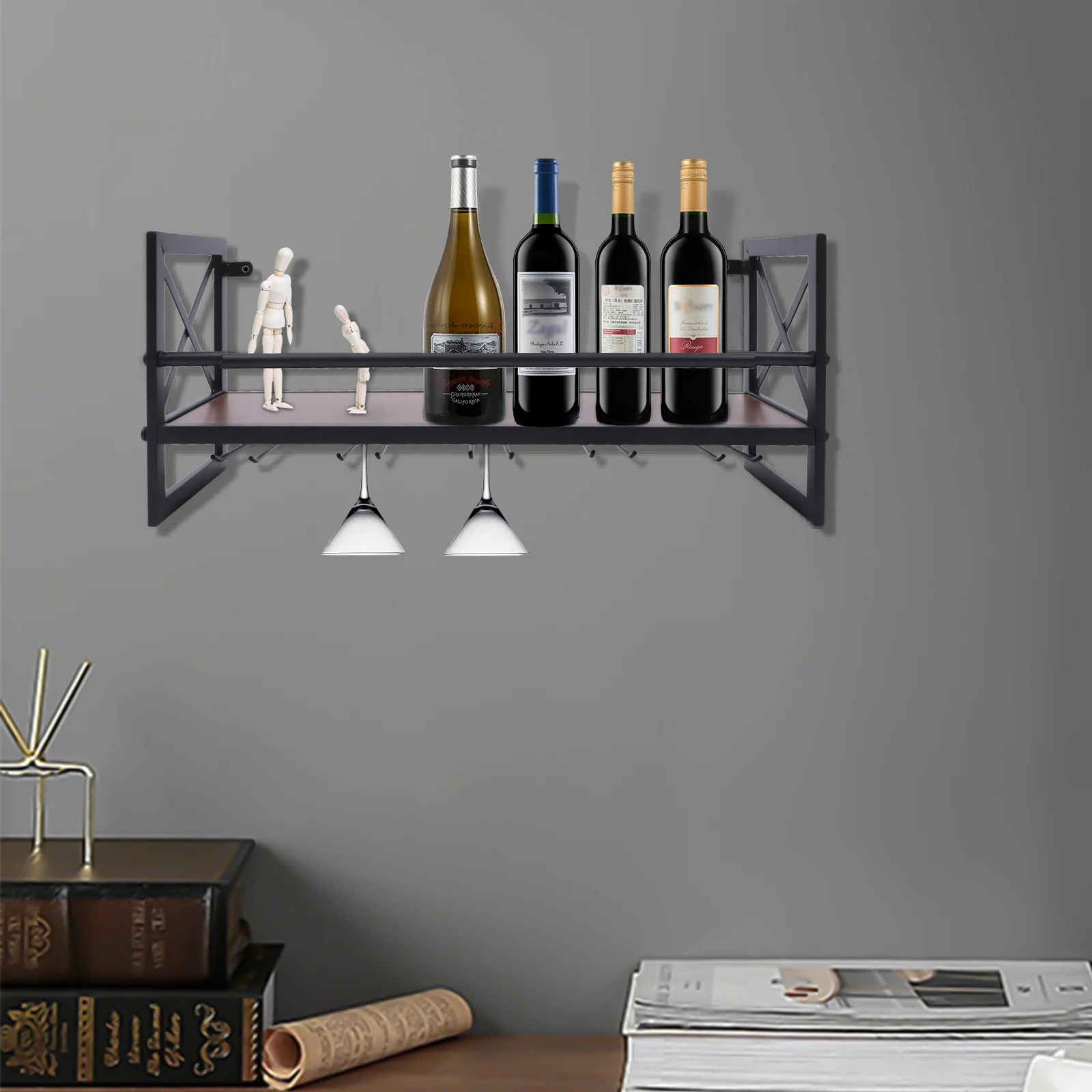 Wine Rack Gin Shelf Rack Bottle 5 Glass Holder Wall Mounted Home Bar 1 Layer