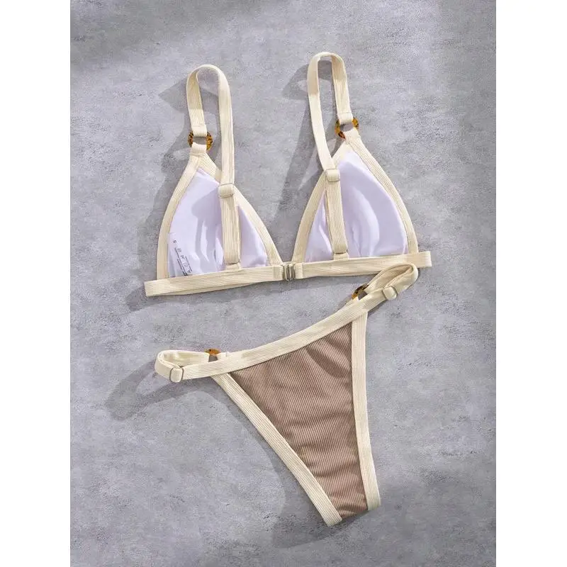 Women Ribbed O‑Ring Bikini Set Contrast Binding Wide Strap Triangle 2‑Piece Swimsuit Summer Beach Vacation Bathing Suit