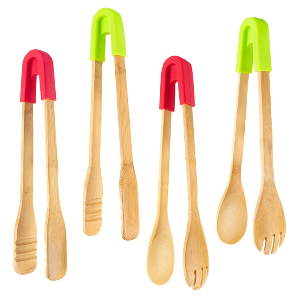 

4 Pcs Dessert Food Tongs Work Tweezers Utensils Silica Gel Board Wooden Toaster