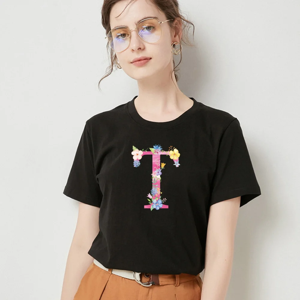 Women's Summer Black T-shirt 26 Pink Letter Name Printing Series Casual Slim Top Commuter Fashion Harajuku Ladies Short Sleeve