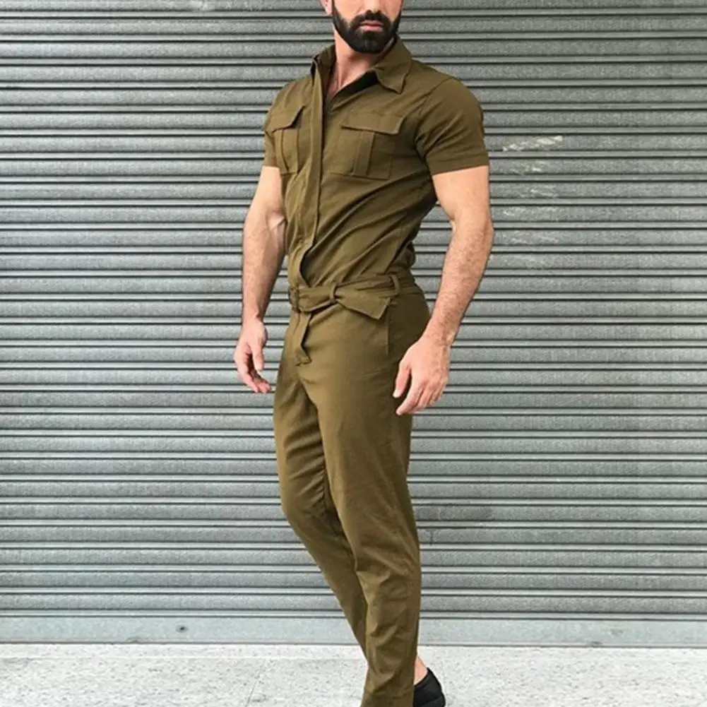 Men's Overalls Casual Streetwear Pocket Solid Color Short Sleeve+Trousers Jumpsuit Fashion Leisure Basic Work Cargos Pants