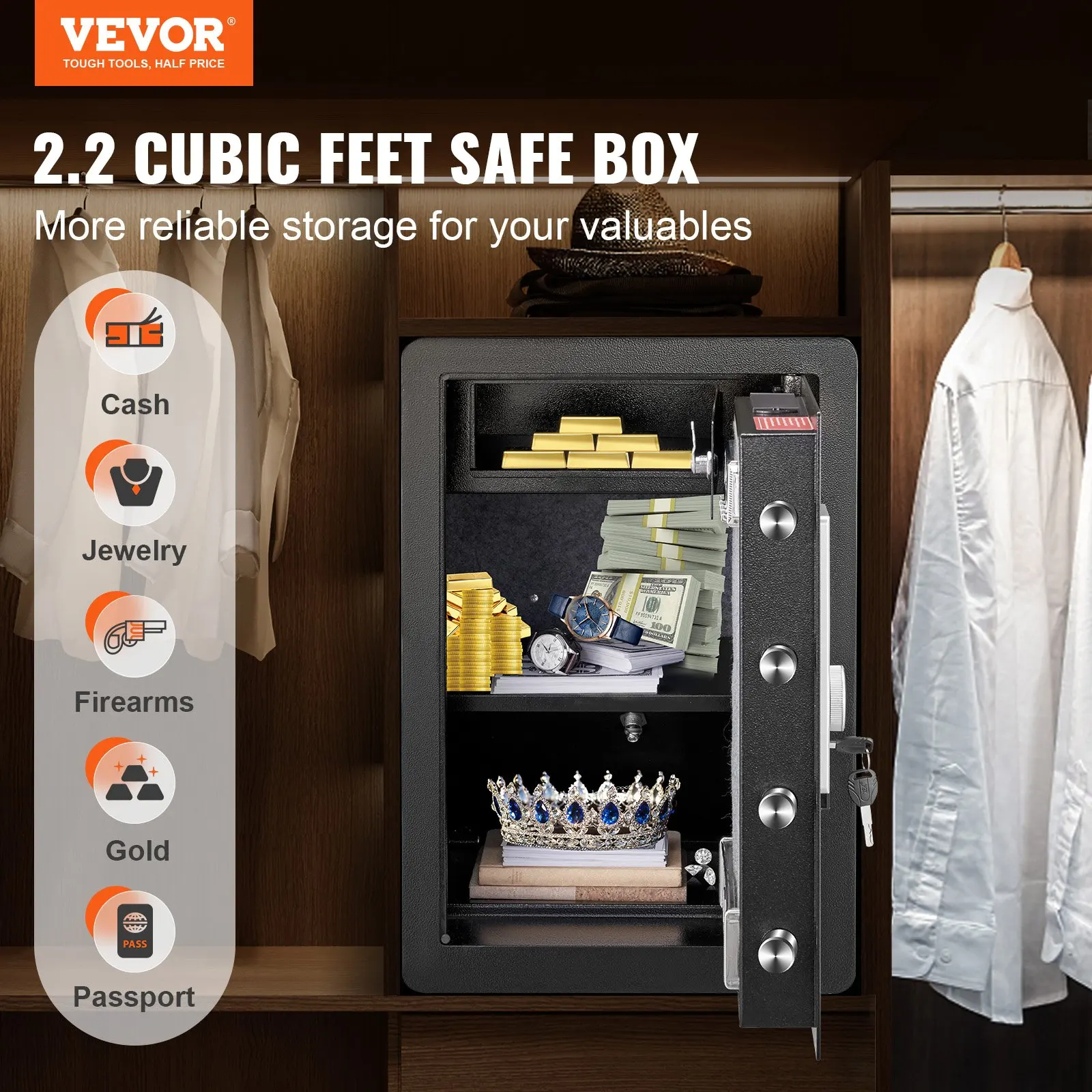 Safe 2.2 Cubic Feet Home Safe Steel For Cash Gold 15.75x13x23.6 Inch