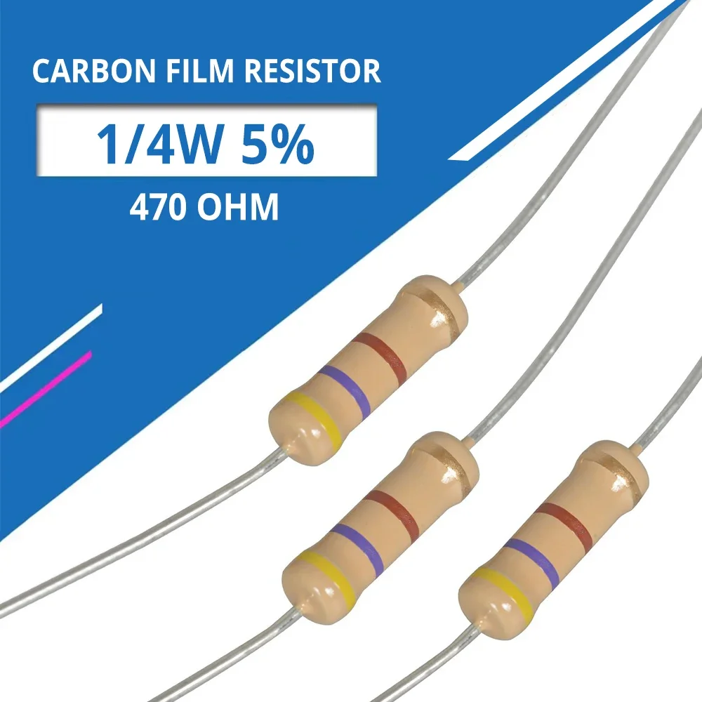 500Pcs 470 Ohm Resistors 1/4W Cylinder for DC 12V LEDs High-power 470R 5% Carbon Film Resistor Direct Insertion Four Color Ring