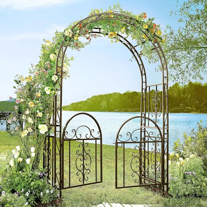 Customized Easily Assembled Sustainable Waterproof Wrought Iron Metal Garden Arch Arbor Trellis with Door