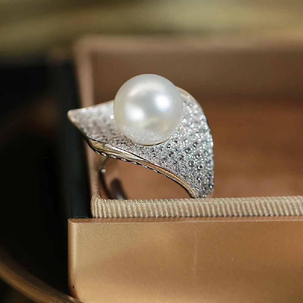 New Pearl Ring AAAA 12-13mm Natural Round Japanese Pearl Open Ring 925s