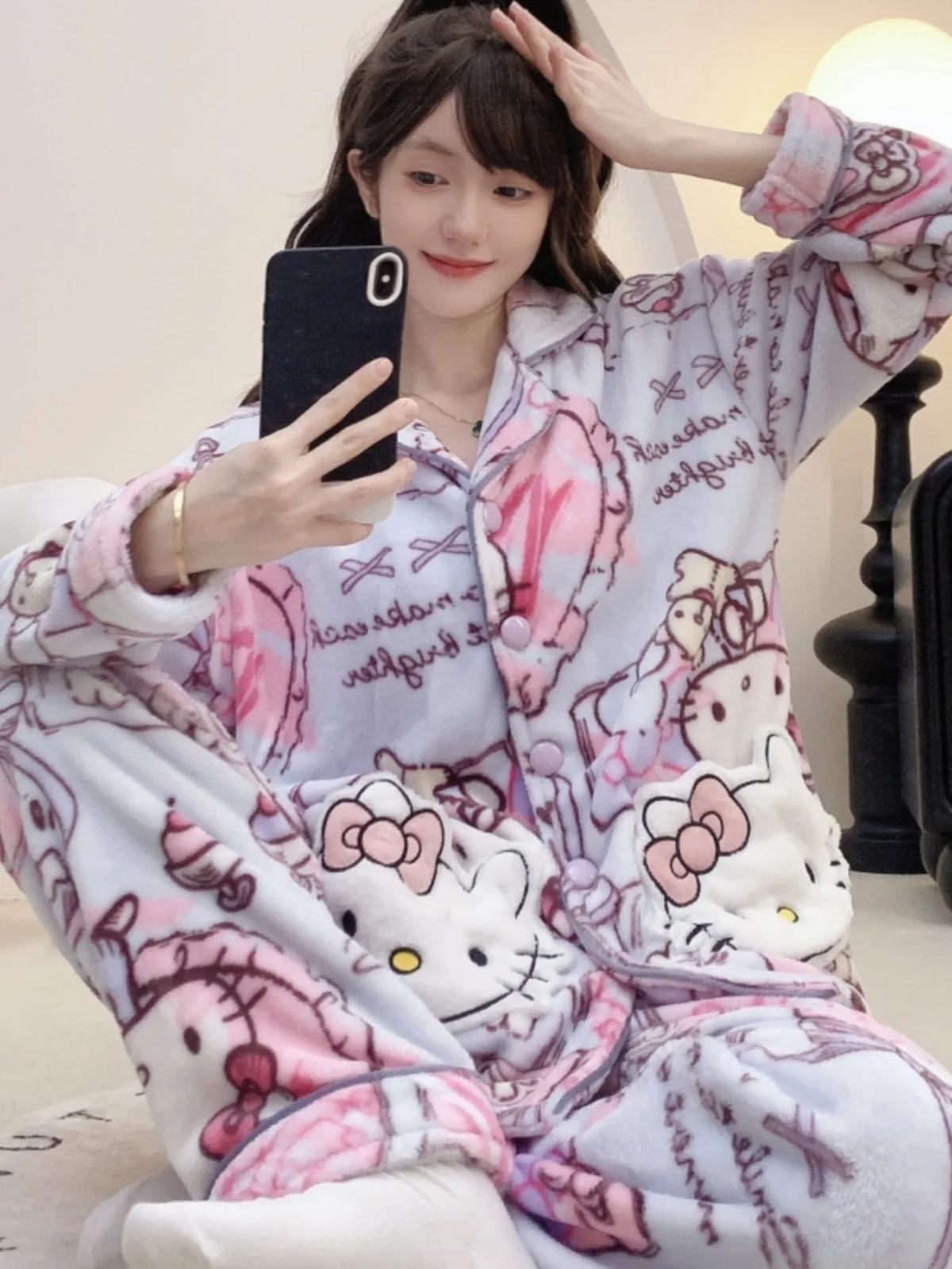 

plus Size Women's Flannel Pajamas Set Autumn Winter Thi Warm Coral Fce Long Sve Long Pants Cartoon Print Spwear