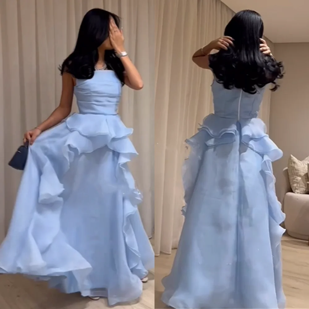 Customized Crepe Tiered Wedding Party A-line Strapless Bespoke Occasion  Floor Length Saudi Arabia Prom Dresses