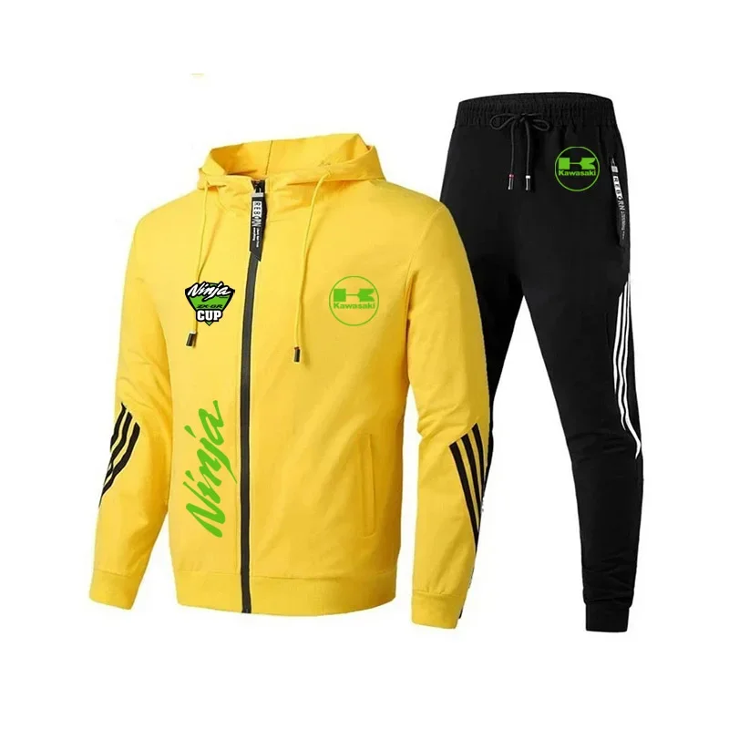 Kawasaki logo motorcycle team men's hooded long pants set, spring and autumn casual zipper sports shirt 2025 new jacket set