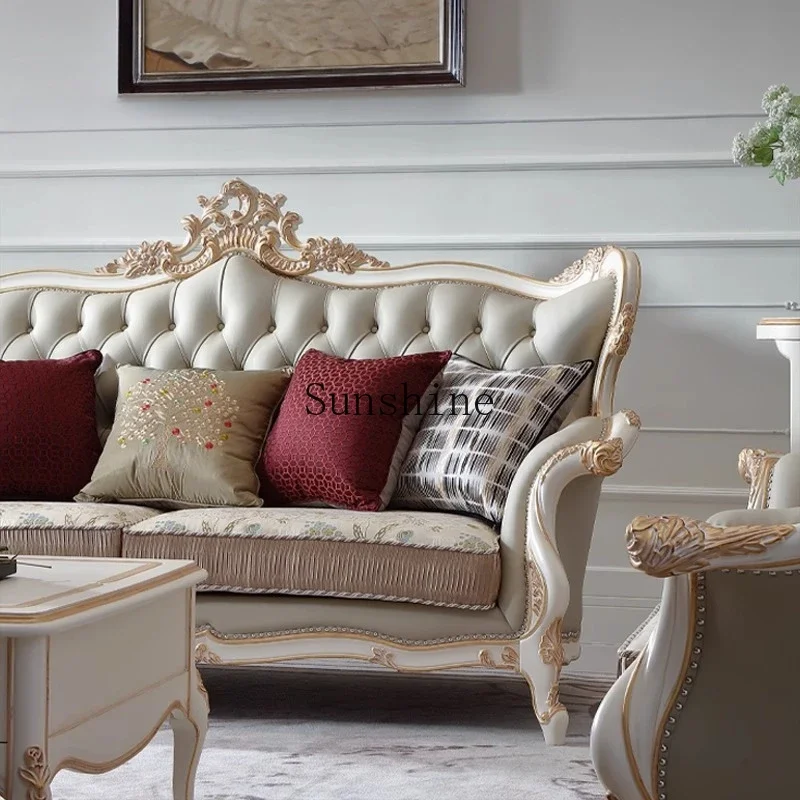 French retro leather solid wood sofa villa living room carved three-person sofa EF9  FT