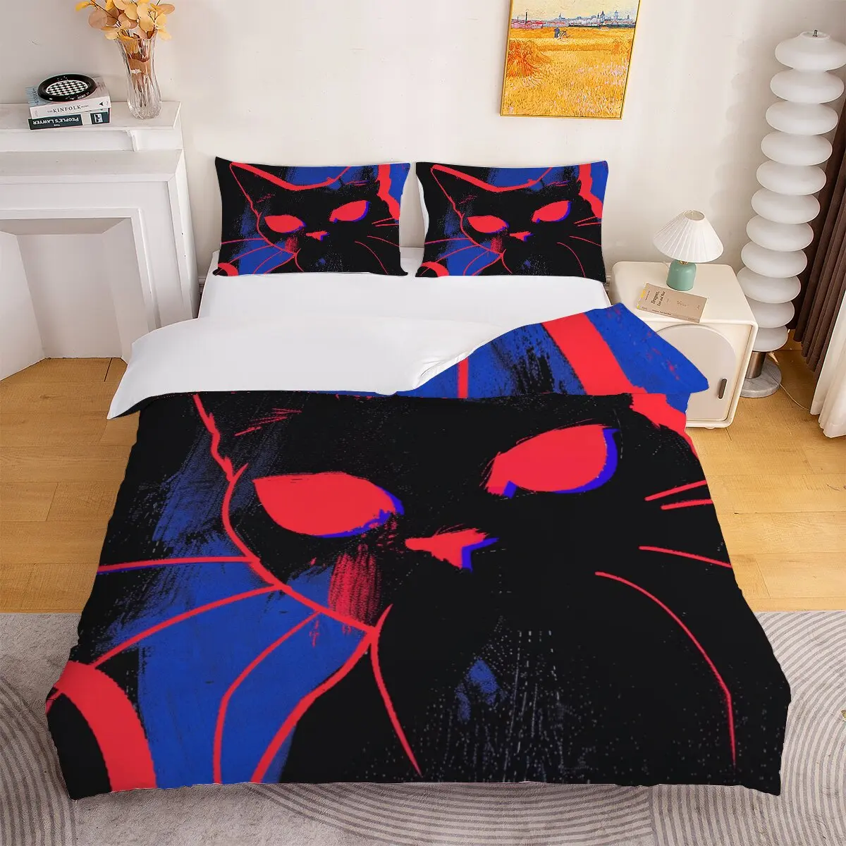 Red-eyed   Down comforter set, extra large size  Neon Light effect cat  1 duvet cover and 2 pillowcases