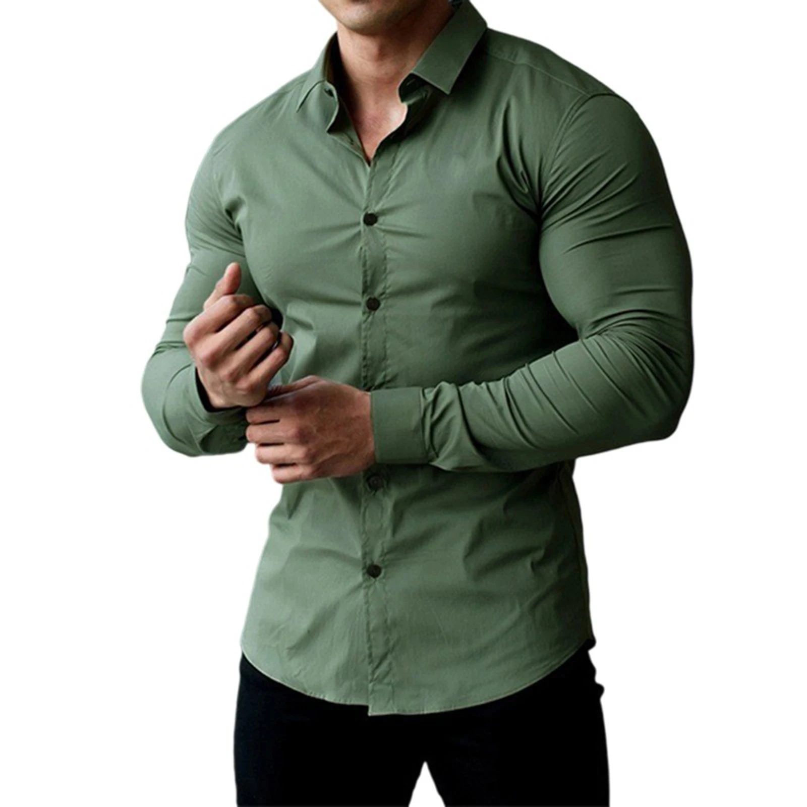 New Spring Autumn Mens Full Sleeve Shirt Solid Fitness Men Turndown Collar Super Slim Fit Business Dress Shirt Button Gym Tops
