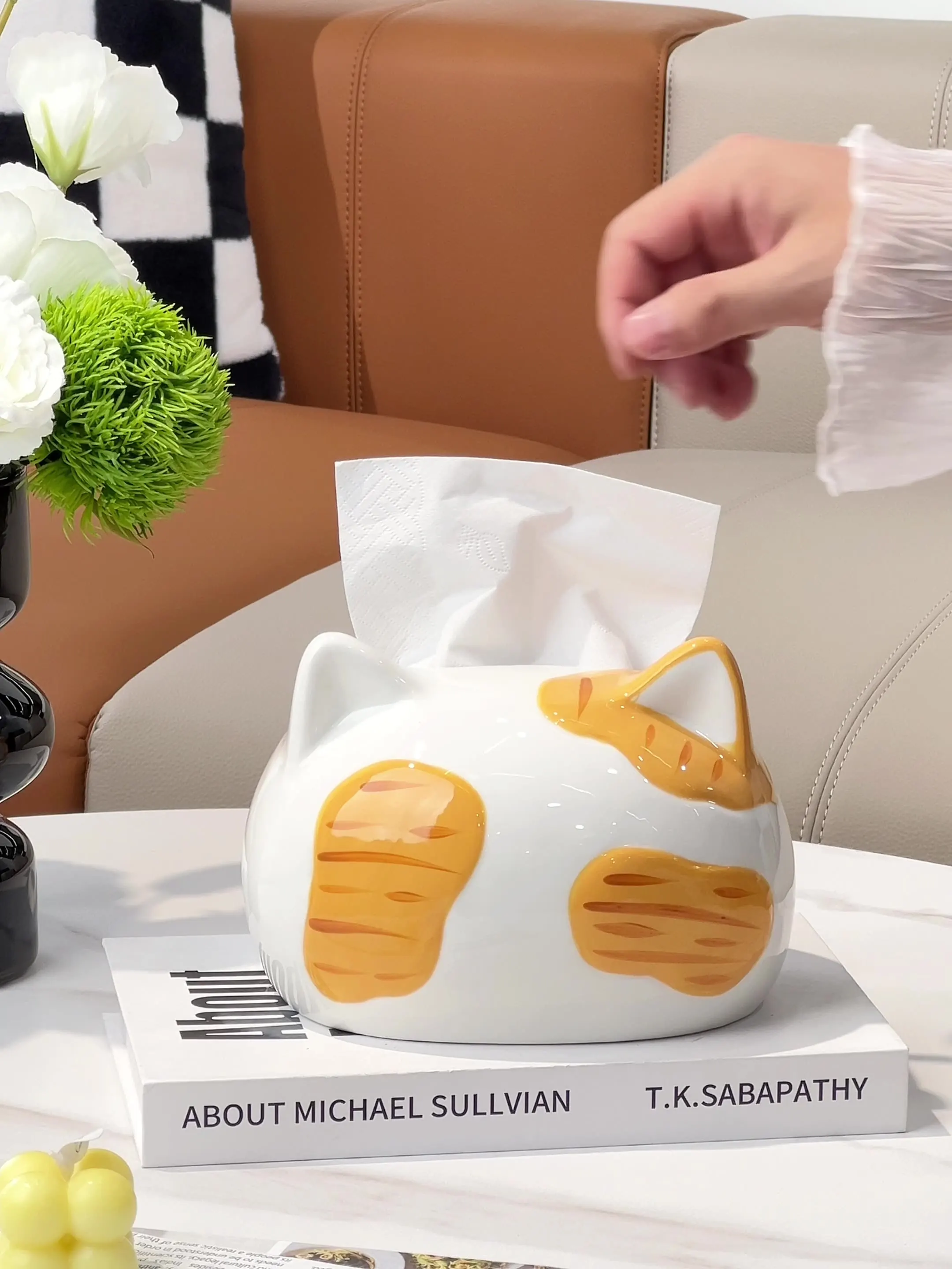 

Керамическая коробка для салфеток с милым оранжевым котом — декоративный предмет для домашнего использования для гостиной, инновационная настольная коробка для салфеток