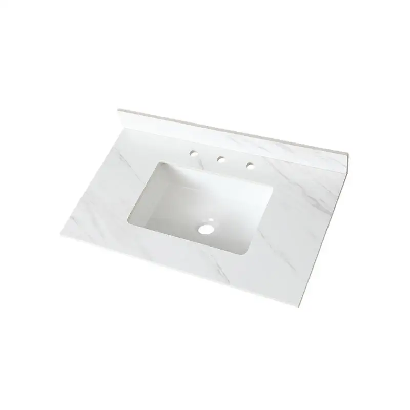 

37" White Marble Vanity Top with Pre-drilled Faucet Holes, Undermount Sink, 4" Backsplash, 3 Hole Design for Bathroom Use