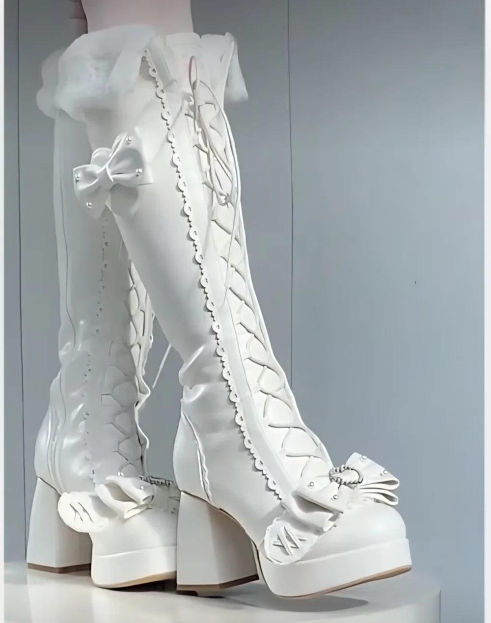 Chocolate Brown Lolita Knee-High Boots Faux Fur Lining Lace-Up Front Bow & Pearl Accents Ruffled Trim Sweet Cute Lolita Style