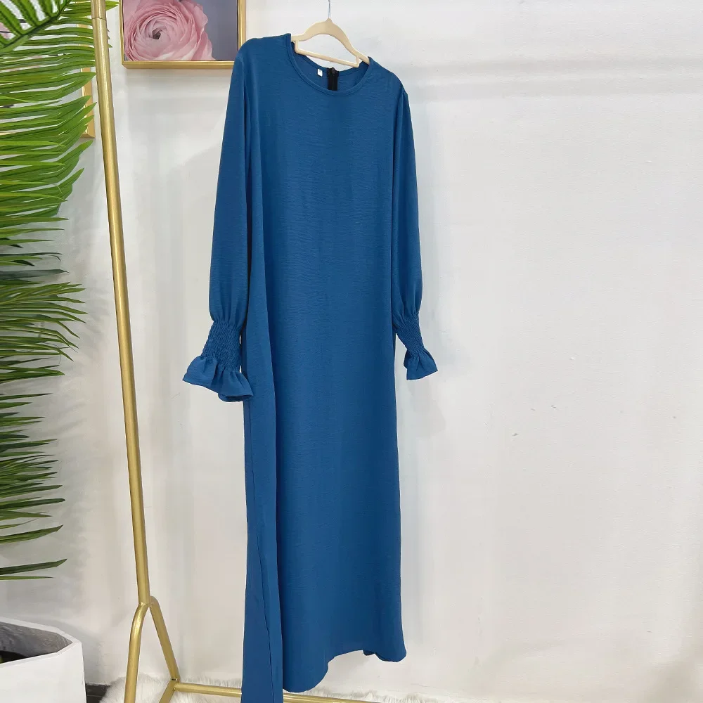 Ramadan One Piece Abaya Dress Elastic Wrists Frill Cuff Modest Prayer Maxi Dresses Crepe Abayas for Women Dubai Islamic Clothing