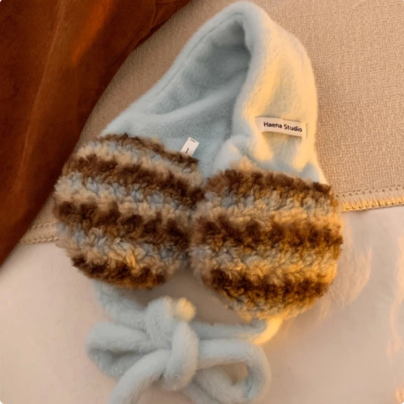 النسخة الكورية Ins المتناقضة شريط أفخم الدانتيل متابعة سماعات الأذن المرأة الشتاء سميكة الدافئة الدراجات الباردة واقية عقال الموضة #6