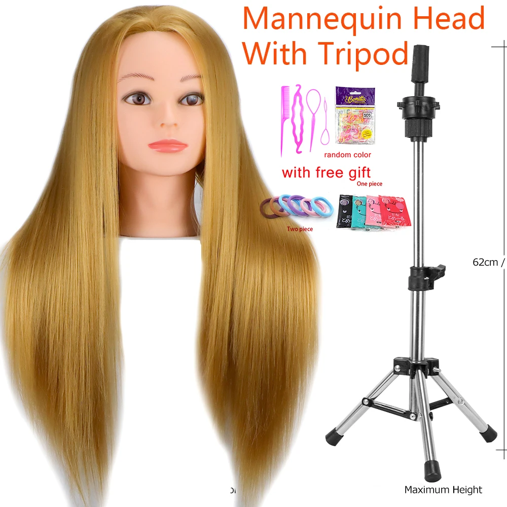 Mannequin Head 100% Synthetic Hair Hairdresser Training Head With Tripod Manikin Cosmetology Doll Head For Braiding Styling