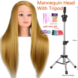 Mannequin Head 100% Synthetic Hair Hairdresser Training Head With Tripod Manikin Cosmetology Doll Head For Braiding Styling