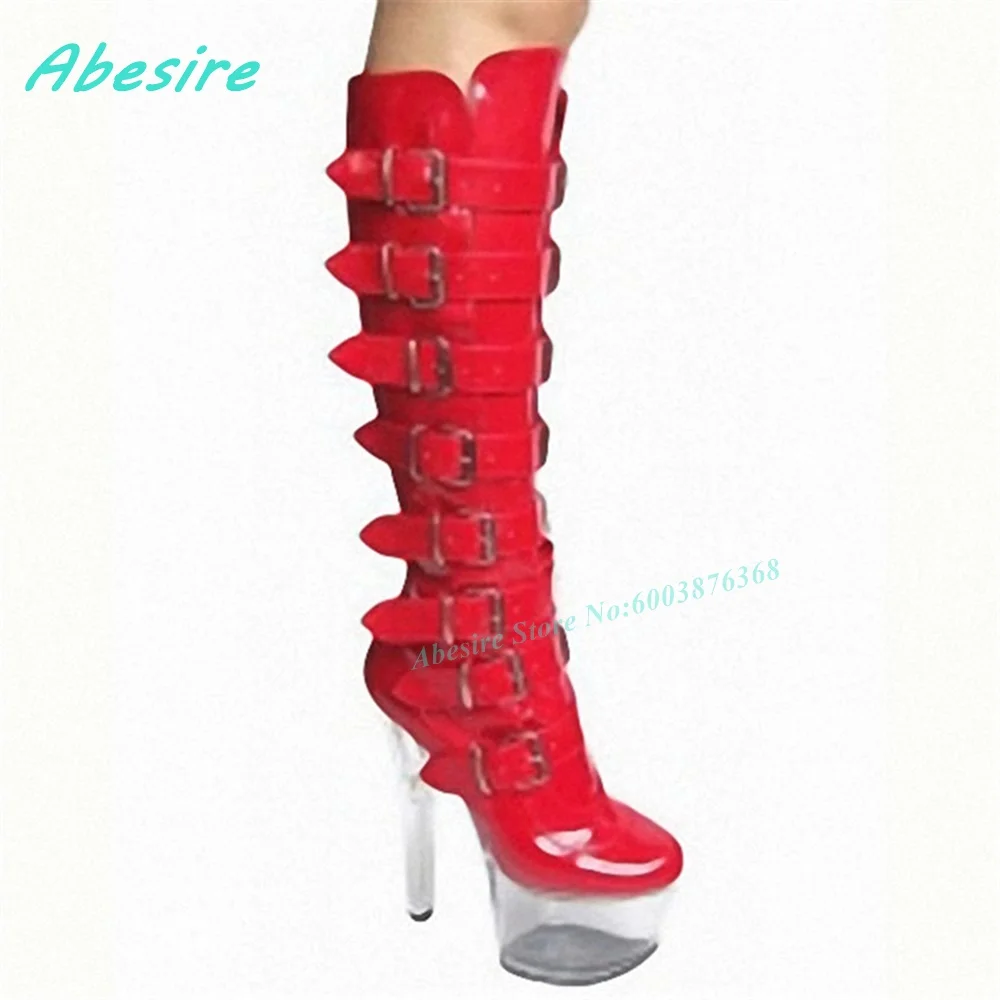 17Cm/7Inch Heel Knee High Boots Platform Multi-Buckle Lace‑Up Thin Heels Women's Boots Spicy Girls Nightclub Pole Dance Shoes