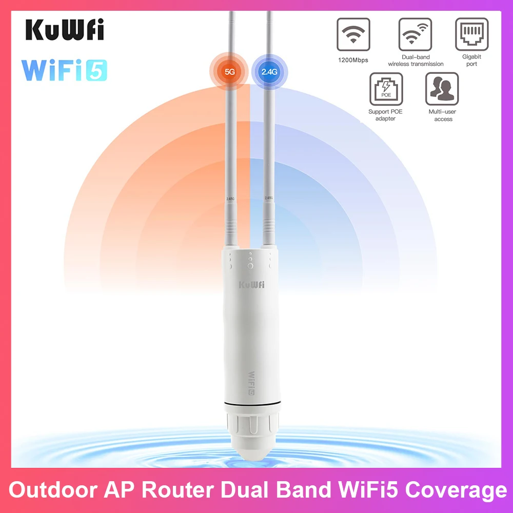 

Уличный маршрутизатор KuWFi AC1200 2.4G 5G WiFi5 с расширенным покрытием сигнала, гигабитным Ethernet-портом, съемными антеннами, поддержкой режима AP/ретранслятора, IP67